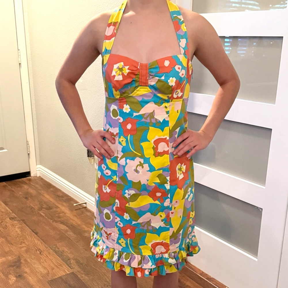 NANETTE LEPORE Floral Halter Dress with Ruffle Hem. Size 4